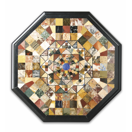 Circular Intarsia Italian Hard-Stone Inlaid Belgian Black Marble Pedestal Table